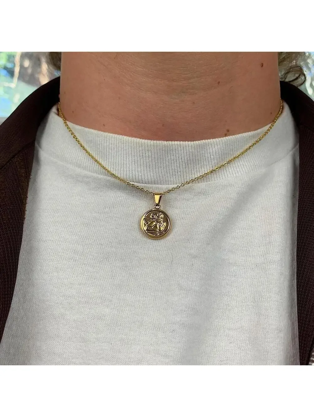 Cute Baby Angel Stainless Steel Gold Plated Circle Pendant y2k 90s style